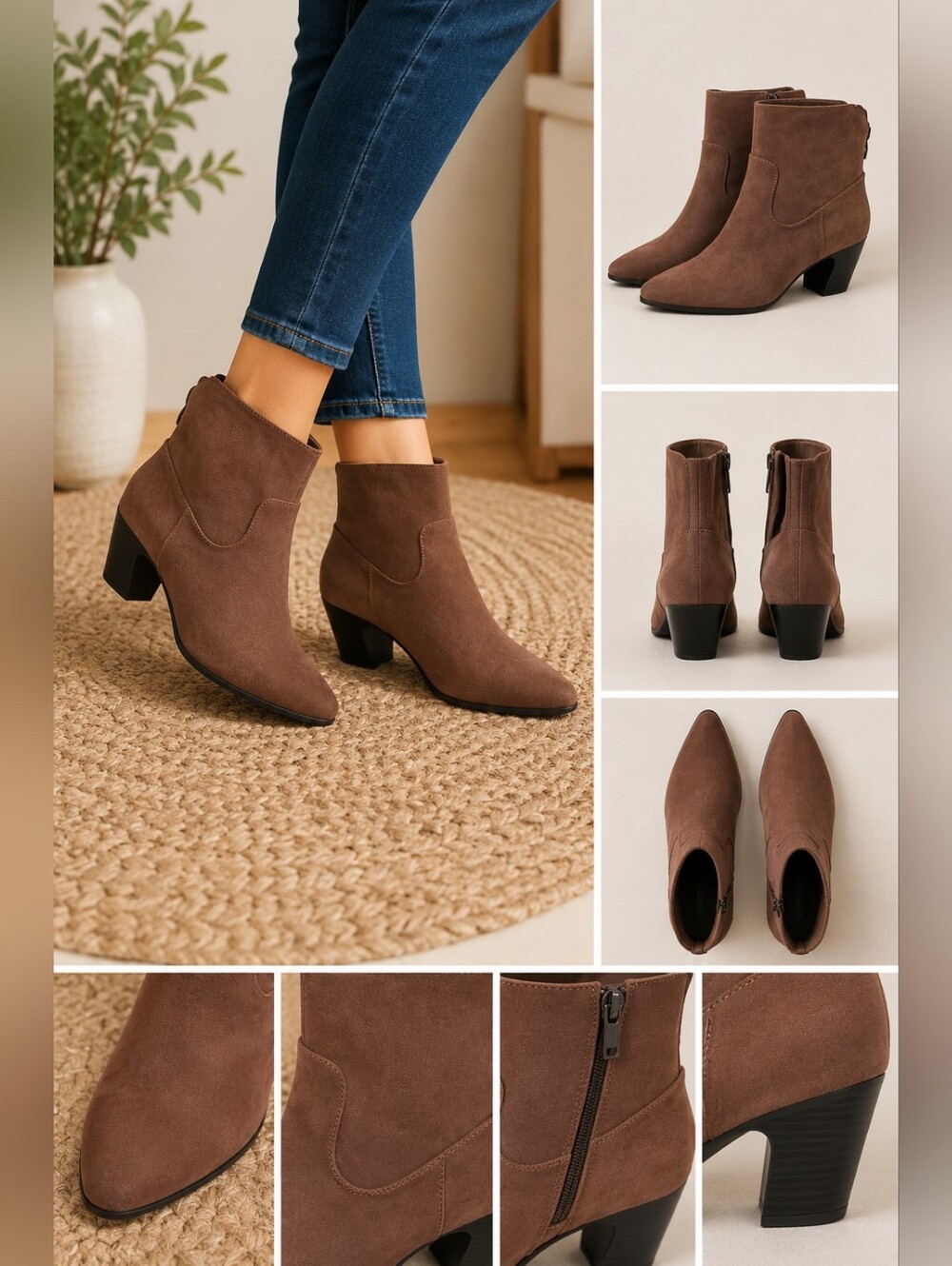 SJB Brown Taupe Suede Look Pointed Toe Ankle Booties Block Heel Booties Zip Up